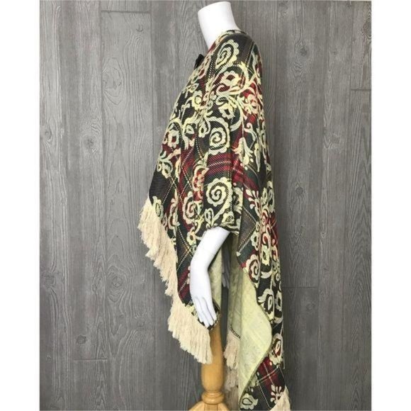Oversized poncho floal scroll design fringe sweatshirt sweater xs - Picture 2 of 8